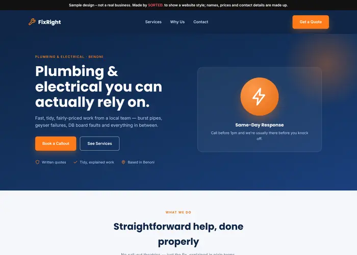 Screenshot of the FixRight Plumbing & Electrical sample site